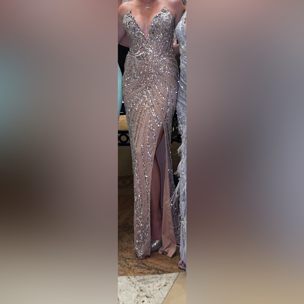 Ashley Lauren 11236 Long Fitted VNeck Slit Beaded Sequin Prom Dress Pageant Gown